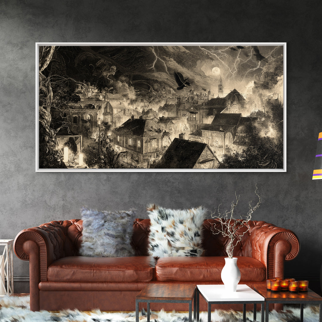 The Halloween Storm, Biomechanical Horror Art, Wide Panoramic Art, Dark Halloween Decor, Canvas Print, Halloween Wall Art