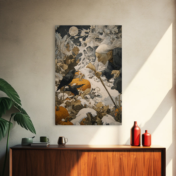 The First Frost Awakening, Symbolist Etching Art, Vertical Wall Art, Dark Fantasy Wall Art, Framed Canvas Print, Halloween Wall Art