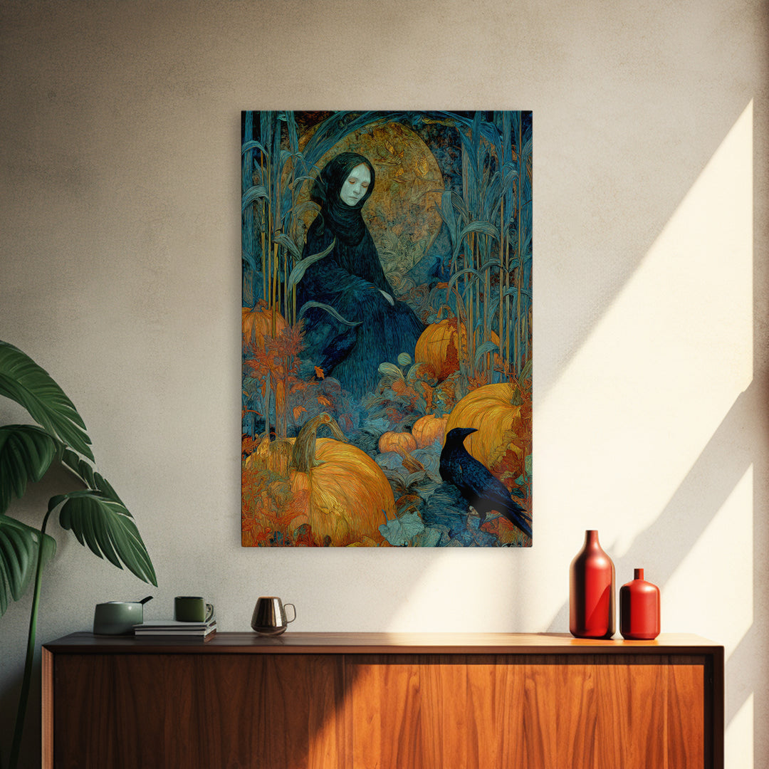 The First Frost Awakening, Expressionist Gothic Art, Vertical Wall Art, Dark Halloween Decor, Framed Canvas Print, Halloween Wall Art