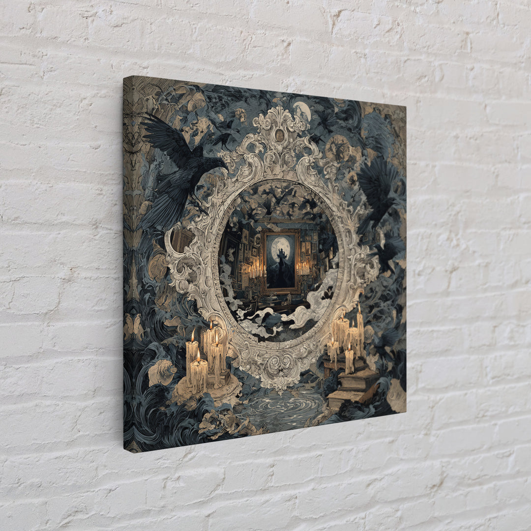 The Cursed Mirror, Symbolist Etching Art, Square Wall Art, Dark Fantasy Wall Art, Framed Canvas Print, Halloween Wall Art