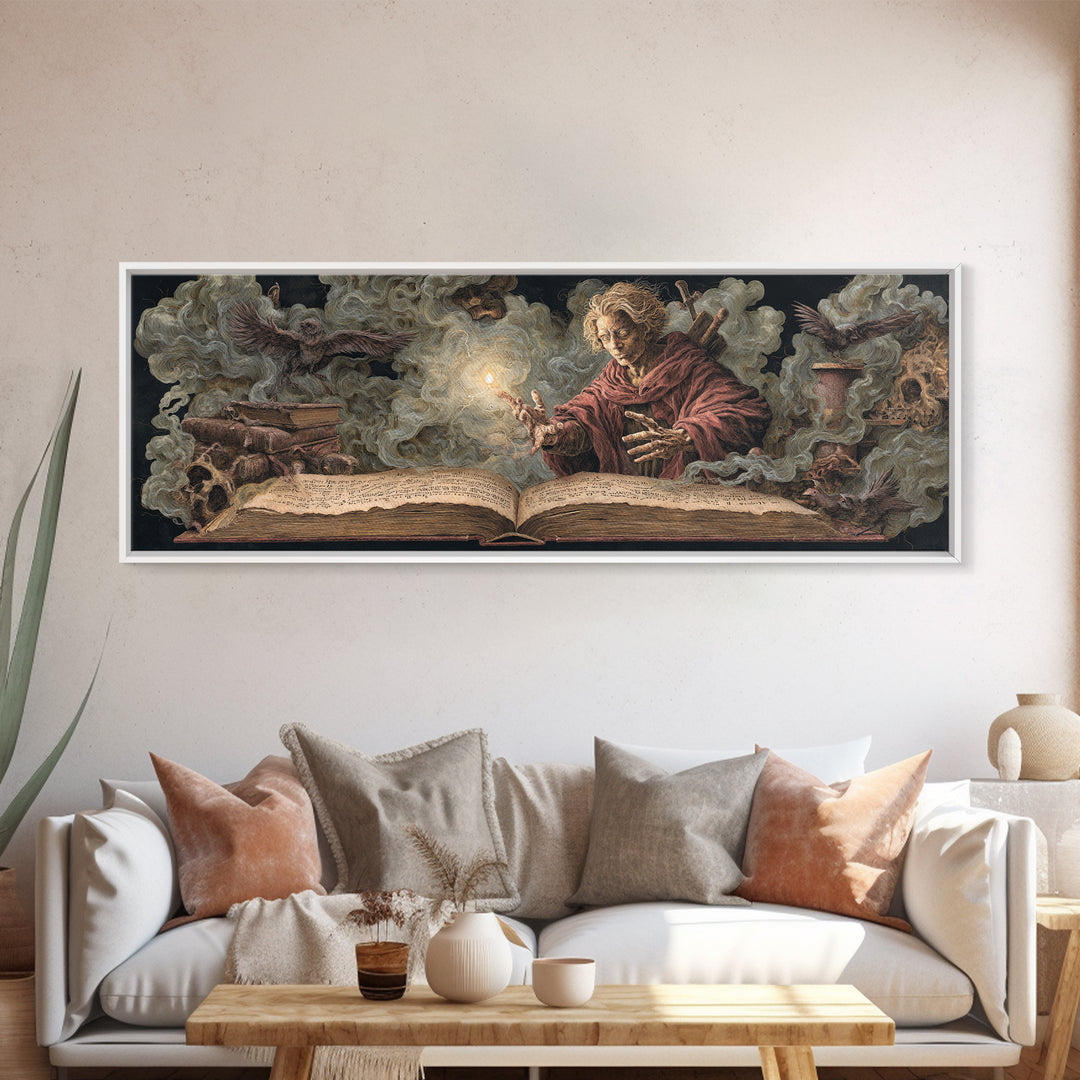 The Living Spellbook, Dark Renaissance Art, Extra Wide Wall Art, Dark Halloween Decor, Framed Canvas Print, Halloween Wall Art