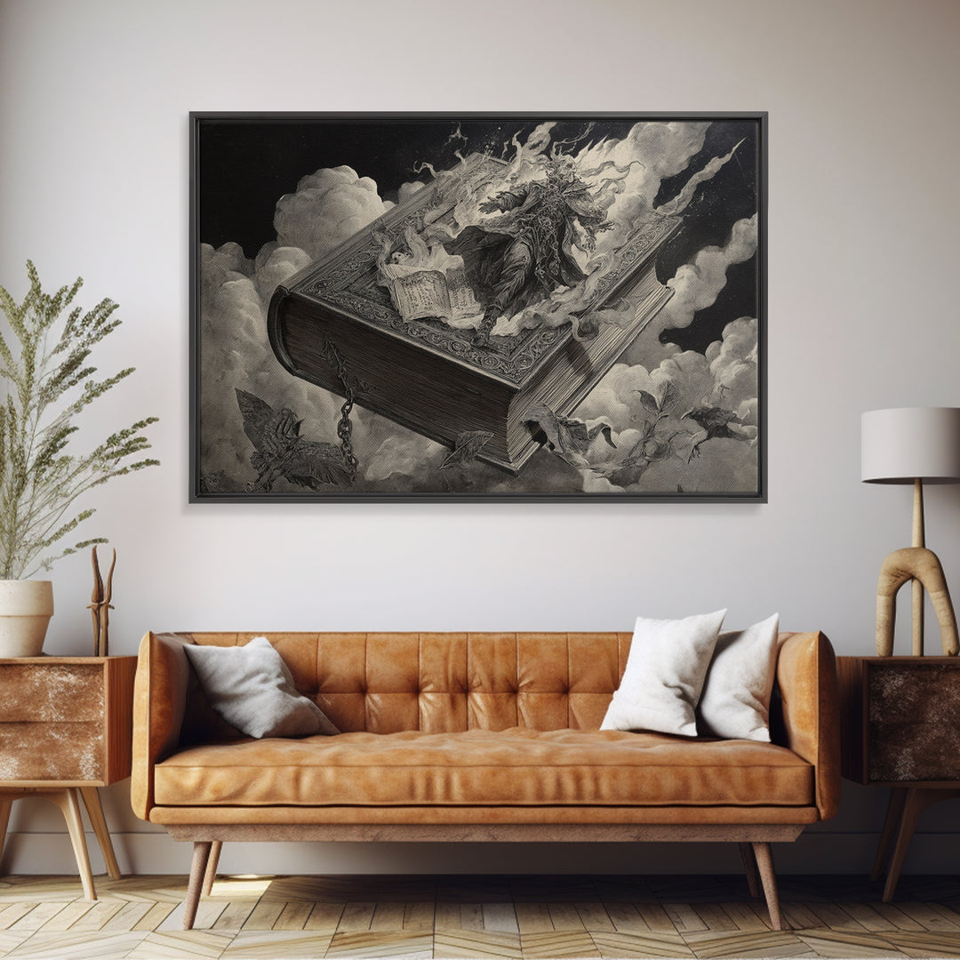 The Living Spellbook, Architectural Etching Art, Landscape Wall Art, Dark Fantasy Wall Art, Canvas Print, Halloween Wall Art