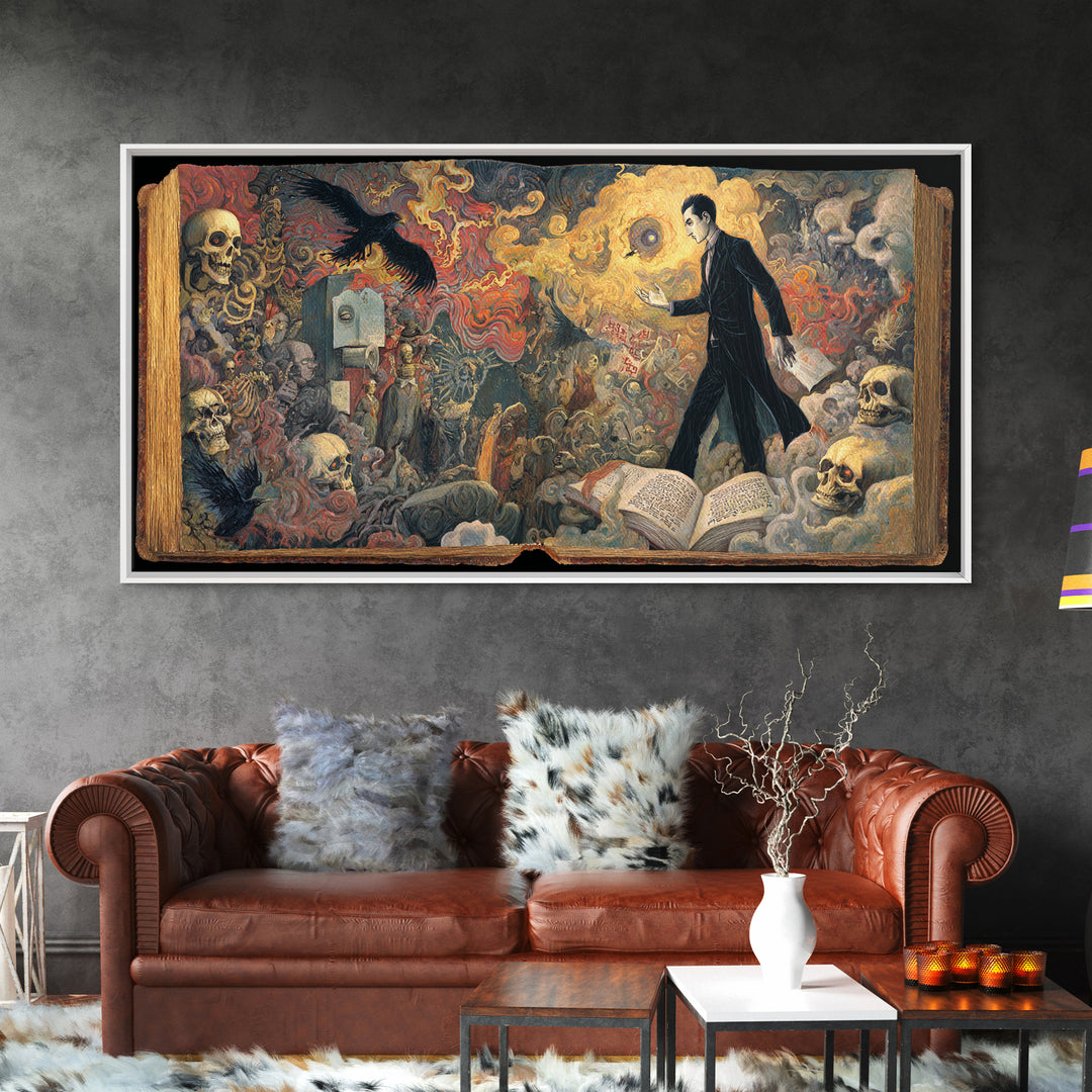 The Living Spellbook, Grotesque Carnival Art, Wide Panoramic Art, Dark Halloween Decor, Framed Canvas Print, Halloween Wall Art