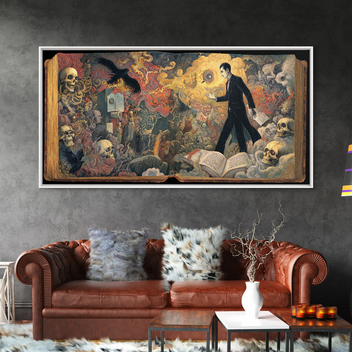 The Living Spellbook, Grotesque Carnival Art, Wide Panoramic Art, Dark Halloween Decor, Framed Canvas Print, Halloween Wall Art