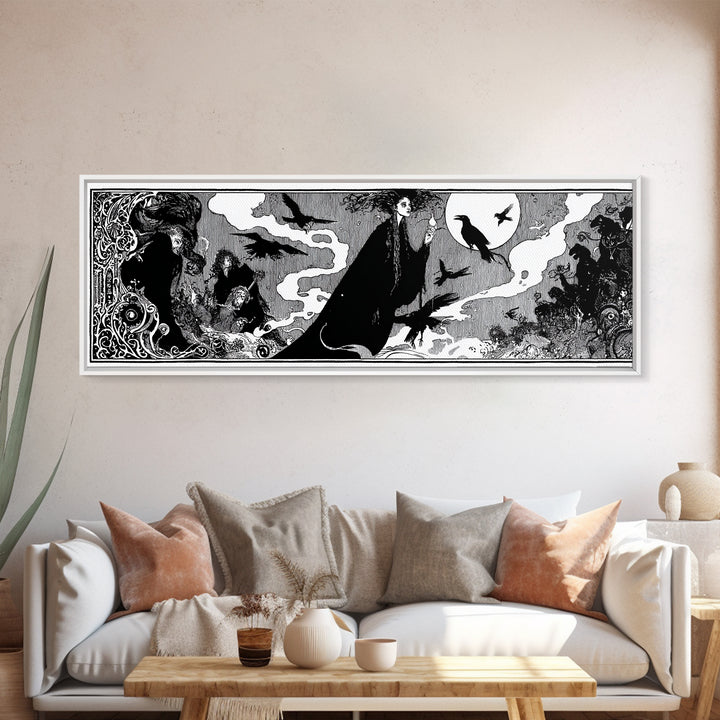 The Living Spellbook, Decadent Line Art, Extra Wide Wall Art, Dark Fantasy Wall Art, Canvas Print, Halloween Wall Art