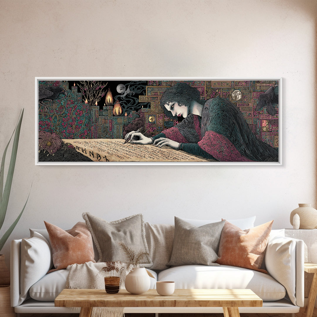 The Living Spellbook, Stained Glass Gothic Art, Extra Wide Wall Art, Dark Fantasy Wall Art, Framed Canvas Print, Halloween Wall Art