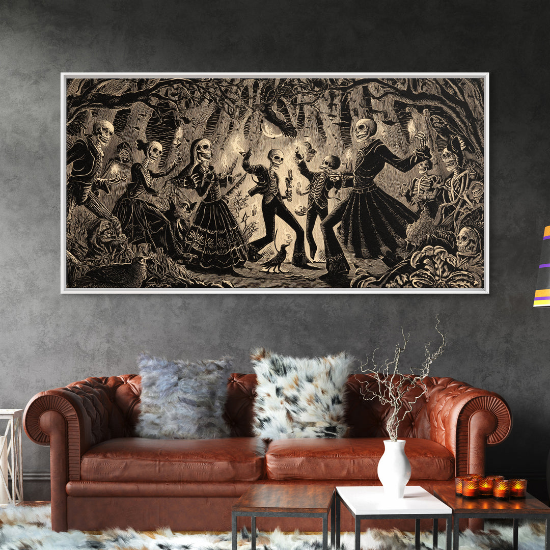 The Living Spellbook, Macabre Folk Print Art, Wide Panoramic Art, Dark Fantasy Wall Art, Framed Canvas Print, Halloween Wall Art