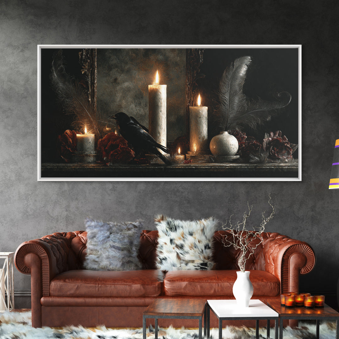 Candle Flame Reflecting Framed Canvas Print, Dark Art, Statement Artwork, Living Room Decor, Fine Art, Nocturne, Wall Decor, DAR-2x1-20