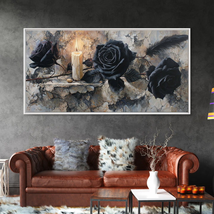 Black Roses Blooming from Cracked Stone Canvas Print, Dark Art, Textured Painting, Living Room Decor, Fine Art, Nocturne, DAR-2x1-22