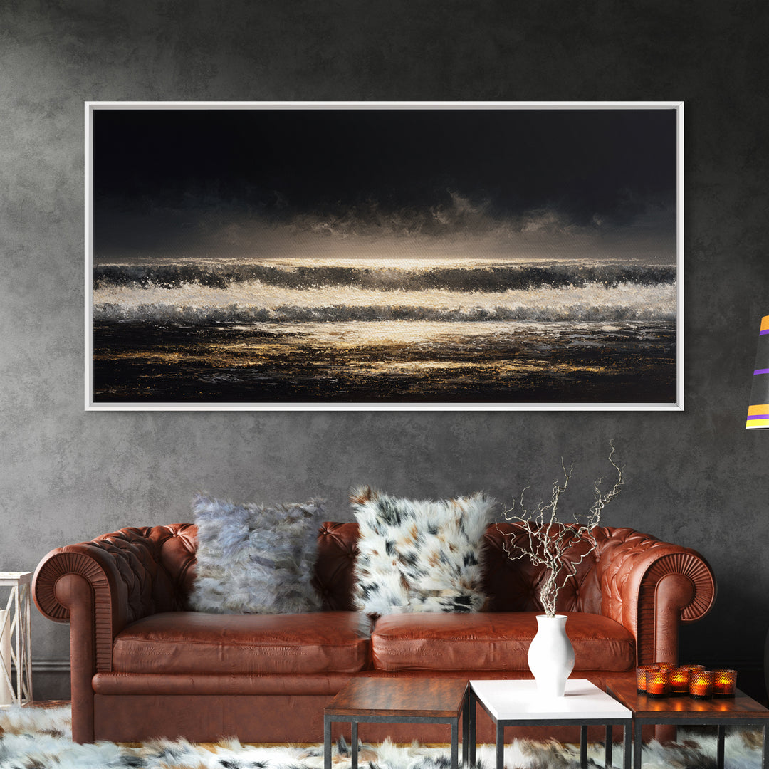 Stormy Sea under a Nearly Black Sky Framed Canvas Print, Dark Art, Digital Art, Living Room Decor, Fine Art, Nocturne, DAR-2x1-25