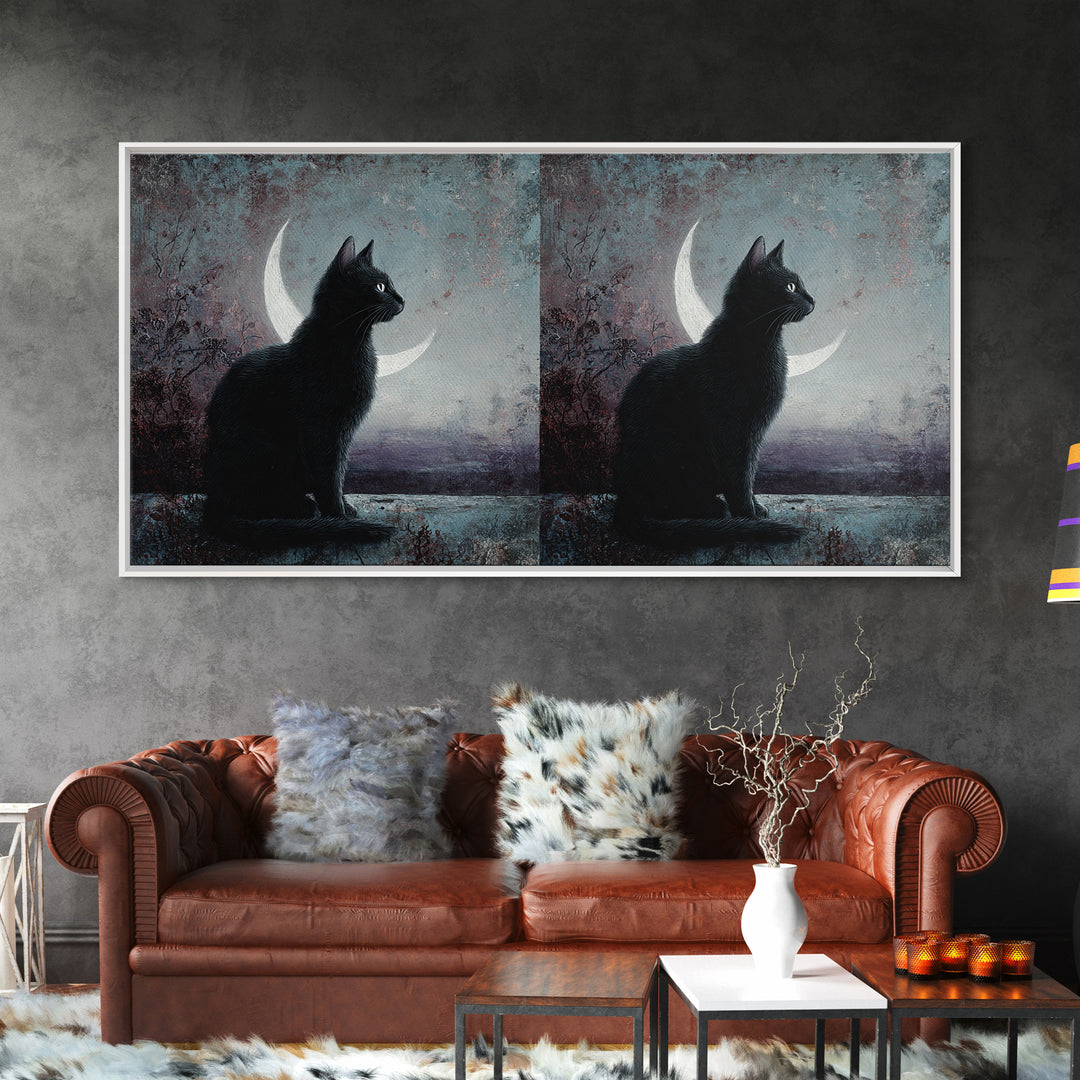 Black Cat with Glowing Eyes under Crescent Framed Canvas Print, Dark Art, Living Room Decor, Watercolor Art, Nocturne, DAR-2x1-29