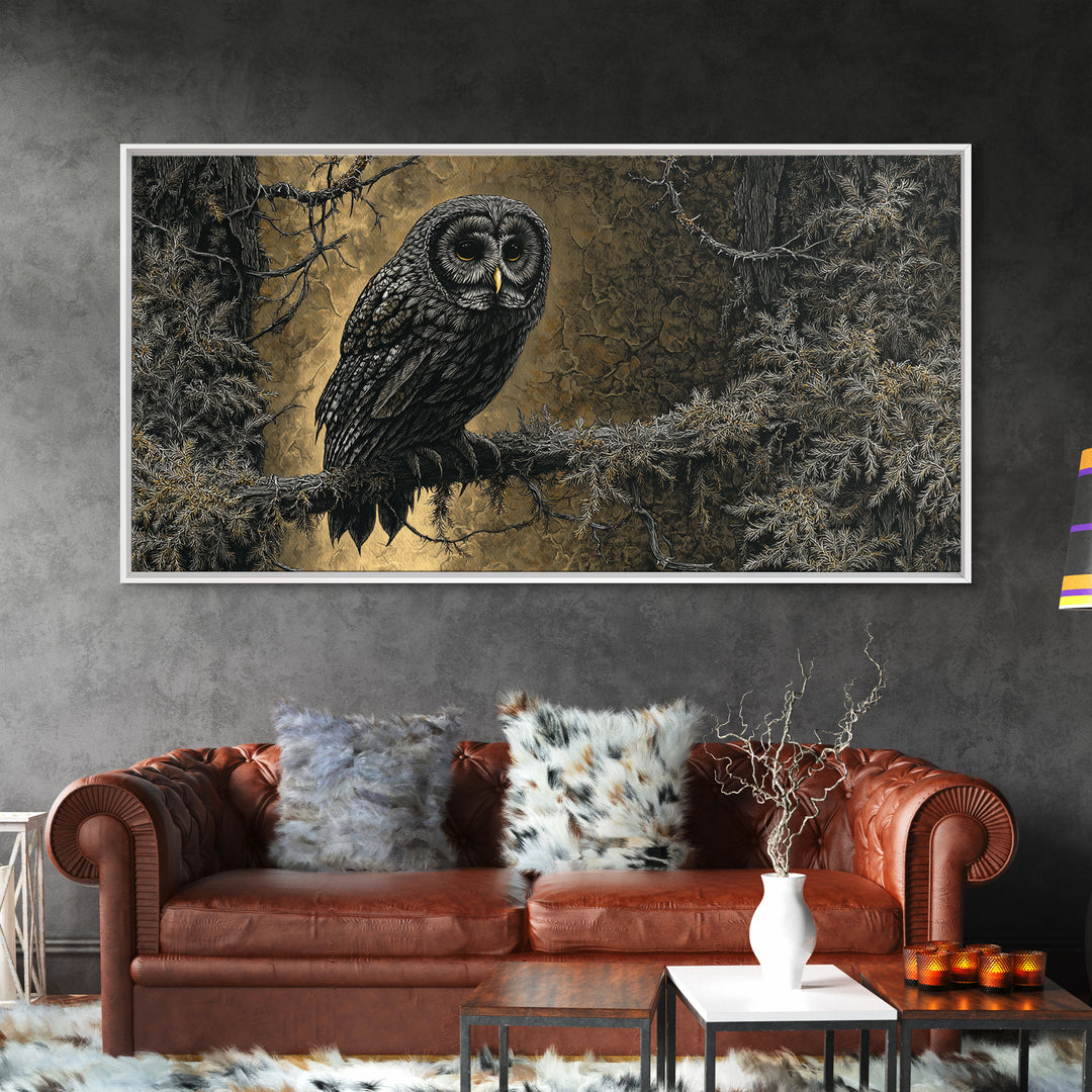 Owl in a Midnight Pine Forest Framed Canvas Print, Dark Art, Room Decor, Living Room Decor, Fine Art, Nocturne, Digital Art, DAR-2x1-42