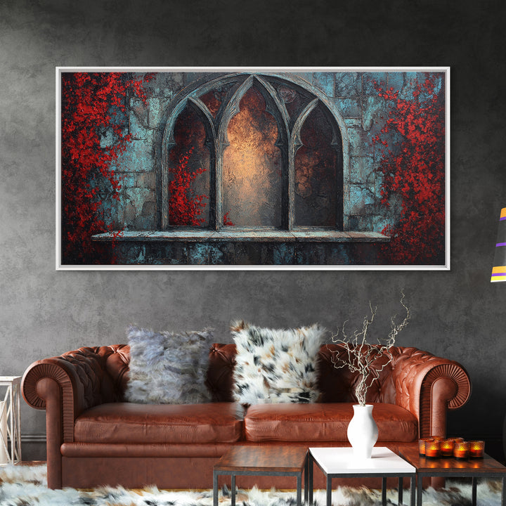 Gothic Cathedral Window Framed Canvas Print, Dark Art, Art Print, Living Room Decor, Oil Painting, Nocturne, Halloween Art, DAR-2x1-60
