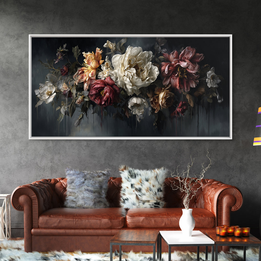 Dark Floral Bouquet Canvas Print, Dark Art, Oil Painting, Living Room Decor, Nocturne, Gothic Wall Decor, Man Cave Decor, DAR-2x1-61