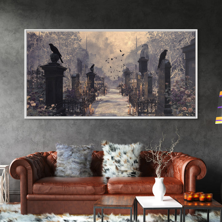 Silent Graveyard with Blue Moon Haze Canvas Print, Dark Art, Wall Art, Living Room Decor, Oil Painting, Nocturne, Original Art, DAR-2x1-62