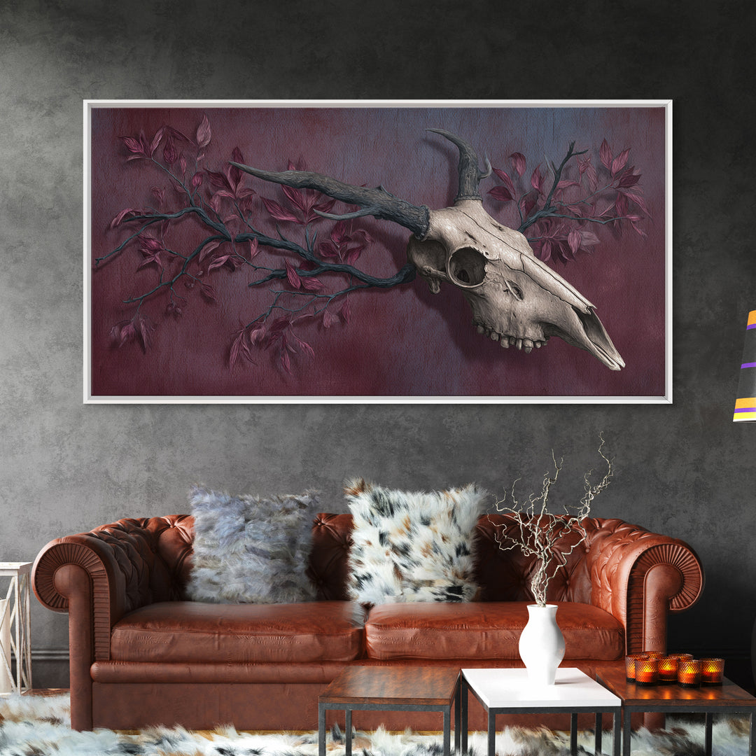 Shadowy Deer Skull Framed Canvas Print, Dark Art, Painting, Living Room Decor, Watercolor Art, Nocturne, Gothic Wall Art, DAR-2x1-7