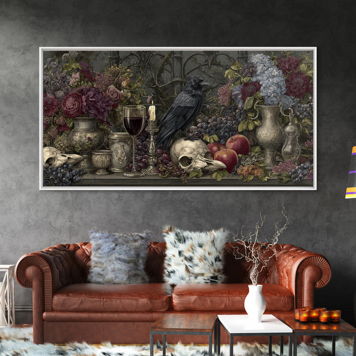 Witchy Still Life of Herbs Candles and Canvas Print, Dark Art, Watercolor Painting, Living Room Decor, Fine Art, Nocturne, DAR-2x1-76