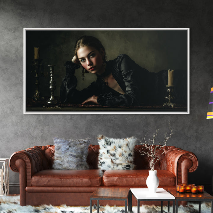 Vampire Inspired Portrait with Pale Dramatic Light Framed Canvas Print, Dark Art, Goth Decor, Living Room Decor, Nocturne, DAR-2x1-81