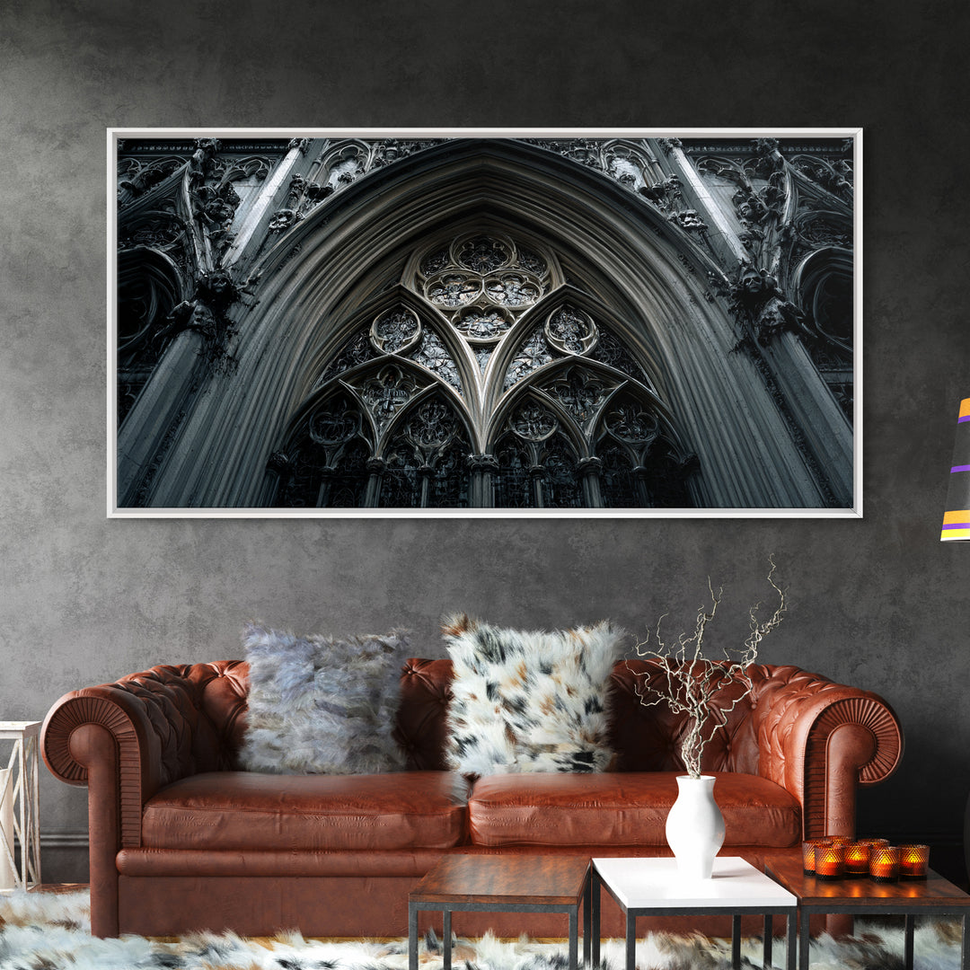 Gothic Cathedral Window Framed Canvas Print, Dark Art, Moody Wall Art, Living Room Decor, Fine Art, Nocturne, Gallery Decor, DAR-2x1-84