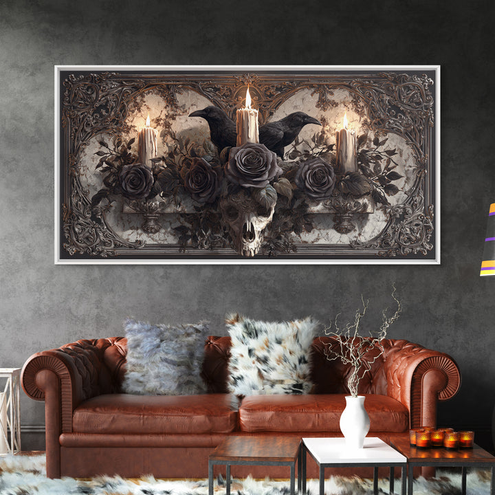 Black Roses Blooming from Cracked Stone Canvas Print, Dark Art, Digital Art, Living Room Decor, Nocturne, Unique Wall Decor, DAR-2x1-94