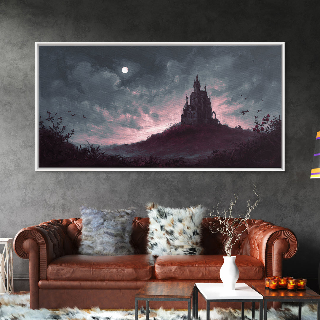 Haunted Mansion Silhouette on Distant Hill Canvas Print, Dark Art, Living Room Decor, Watercolor Art, Nocturne, DAR-2x1-98