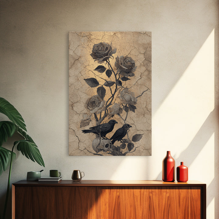 Black Roses Blooming from Cracked Stone Framed Canvas Print, Dark Art, Painting, Living Room Decor, Fine Art, Nocturne, DAR-2x3-34