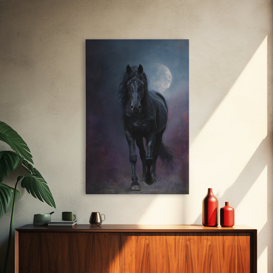 Black Horse Emerging from Smoke Framed Canvas Print, Dark Art, Living Room Decor, Oil Painting, Nocturne, Halloween Art, DAR-2x3-51