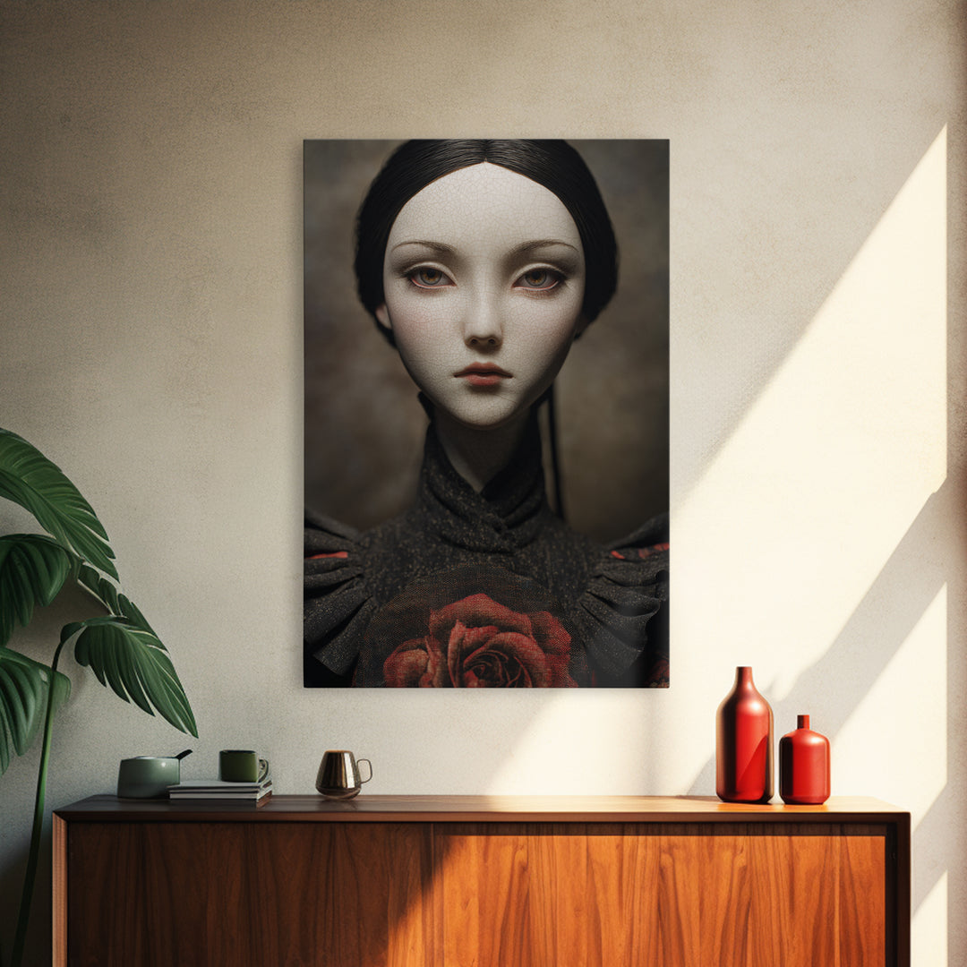 Cracked Porcelain Doll Portrait Framed Canvas Print, Dark Art, Digital Art, Living Room Decor, Nocturne, Unique Wall Decor, DAR-2x3-55