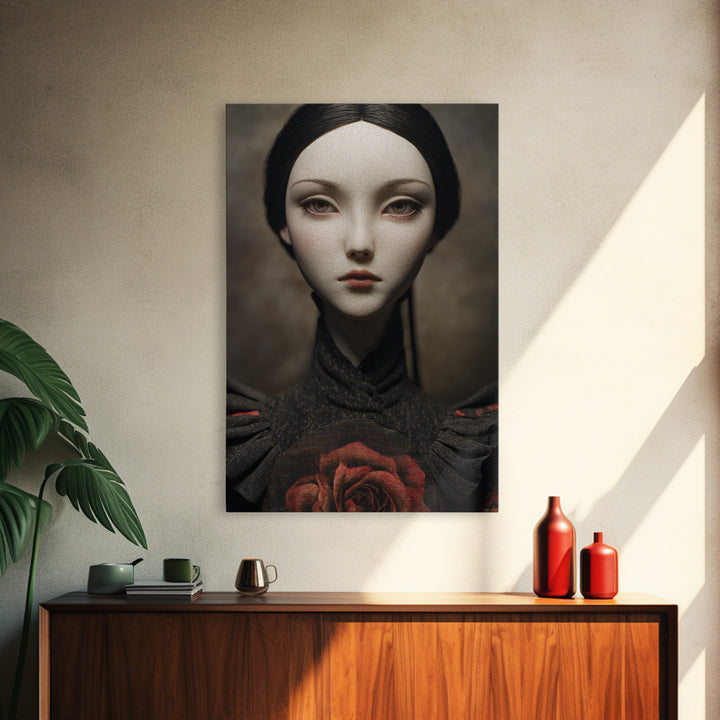 Cracked Porcelain Doll Portrait Framed Canvas Print, Dark Art, Digital Art, Living Room Decor, Nocturne, Unique Wall Decor, DAR-2x3-55