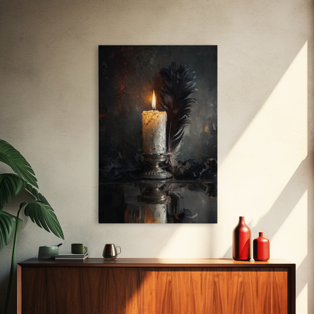 Candle Flame Reflecting Framed Canvas Print, Dark Art, Living Room Decor, Abstract Art, Nocturne, Dark Academia, DAR-2x3-56