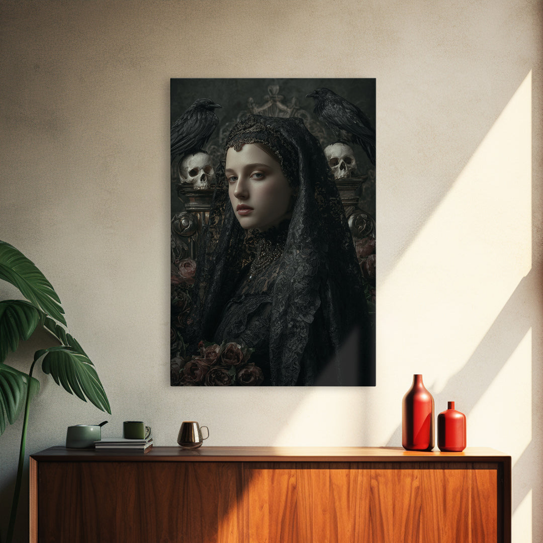 Gothic Woman Portrait Framed Canvas Print, Dark Art, Dark Academia, Living Room Decor, Oil Painting, Nocturne, Horror Decor, DAR-2x3-60