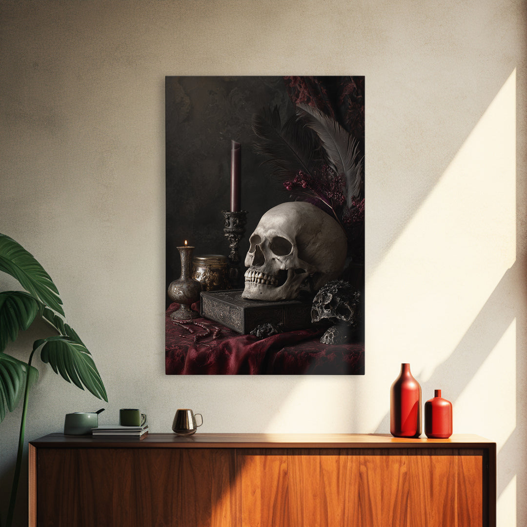 Baroque Skull and Red Velvet Vanitas Canvas Print, Dark Art, Living Room Decor, Oil Painting, Nocturne, Halloween Art, DAR-2x3-66