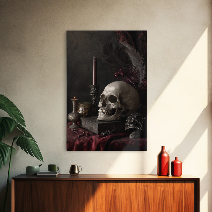 Baroque Skull and Red Velvet Vanitas Canvas Print, Dark Art, Living Room Decor, Oil Painting, Nocturne, Halloween Art, DAR-2x3-66