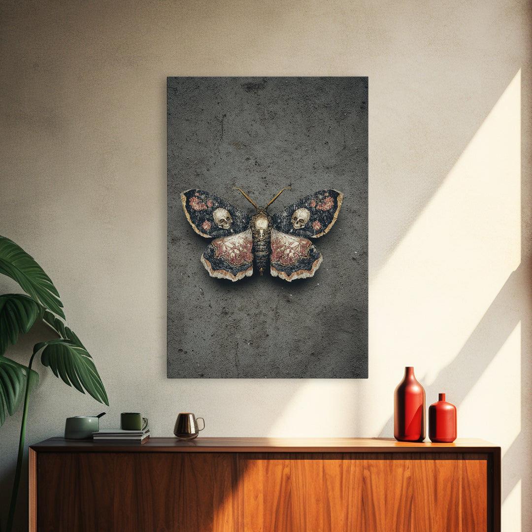 Moth with Skull Pattern on Black Ground Canvas Print, Dark Art, Gothic Wall Art, Living Room Decor, Fine Art, Nocturne, DAR-2x3-71