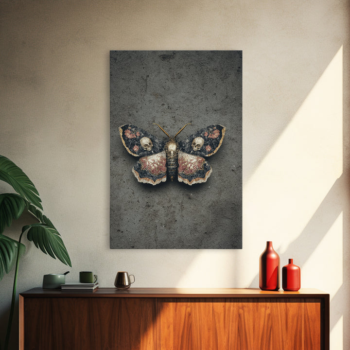 Moth with Skull Pattern on Black Ground Canvas Print, Dark Art, Gothic Wall Art, Living Room Decor, Fine Art, Nocturne, DAR-2x3-71