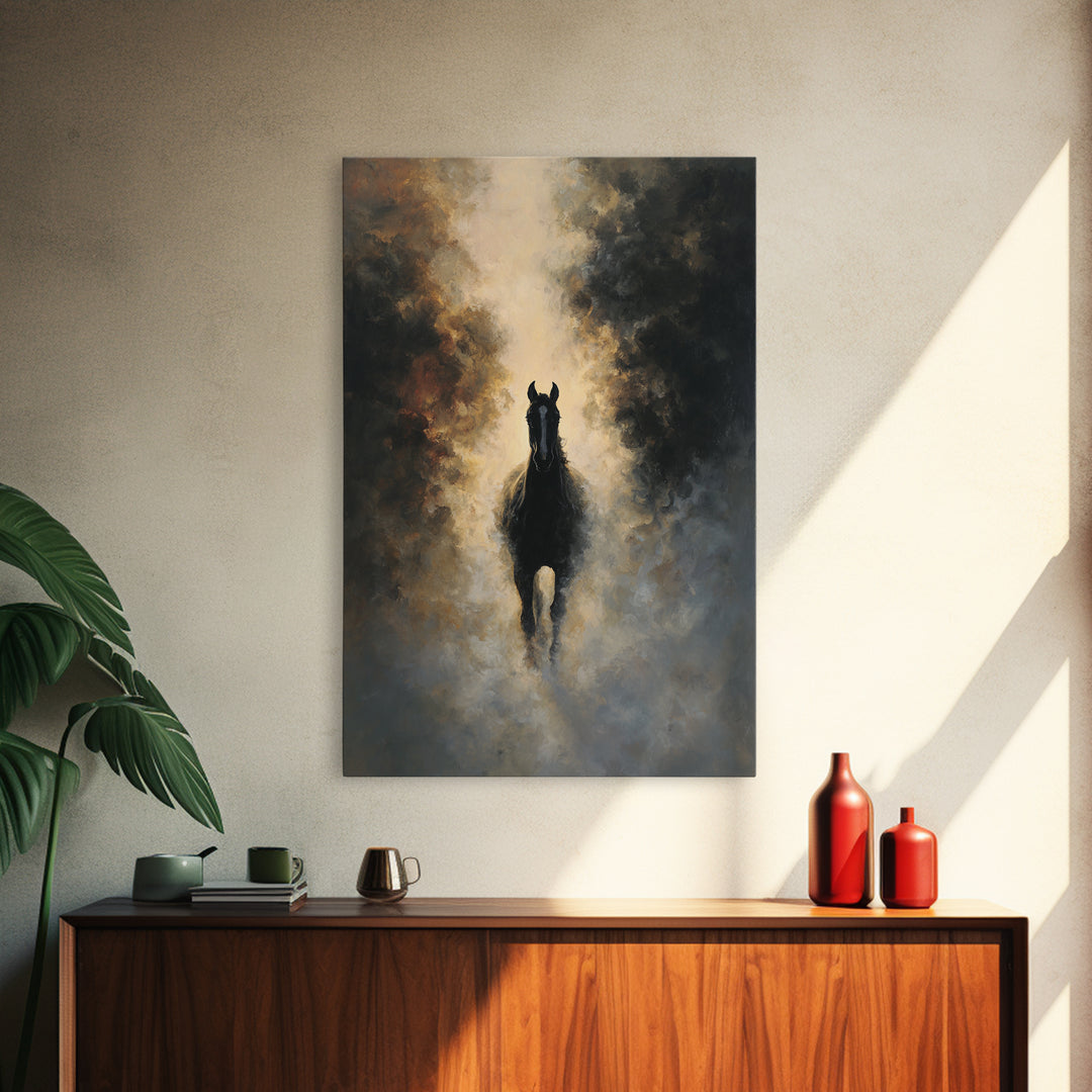 Black Horse Emerging from Smoke Framed Canvas Print, Dark Art, Moody Wall Art, Living Room Decor, Fine Art, Nocturne, DAR-2x3-75