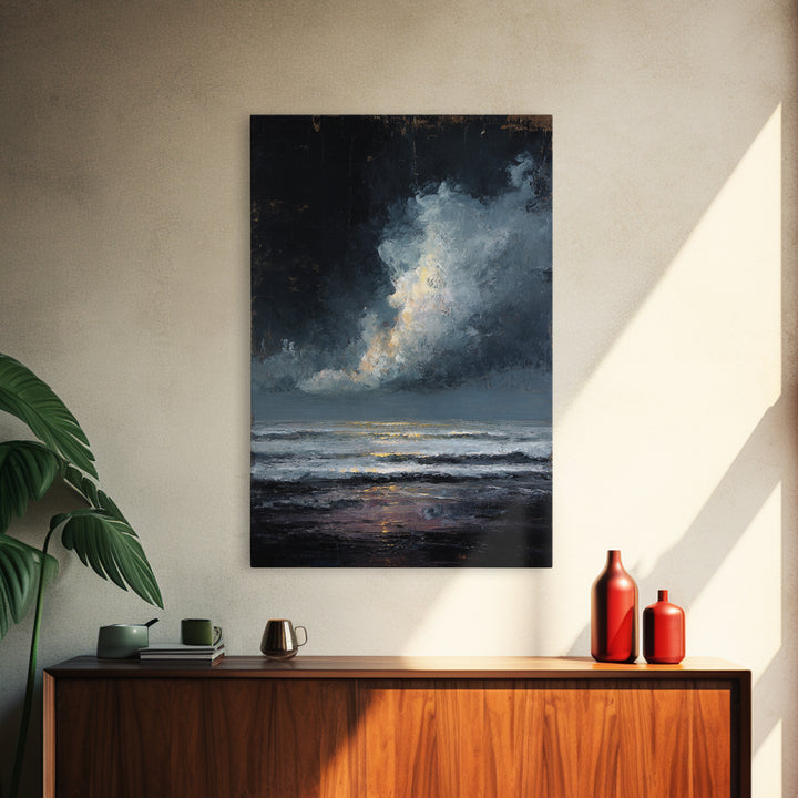 Stormy Sea under a Nearly Black Sky Framed Canvas Print, Dark Art, Horror Decor, Living Room Decor, Fine Art, Nocturne, DAR-2x3-85