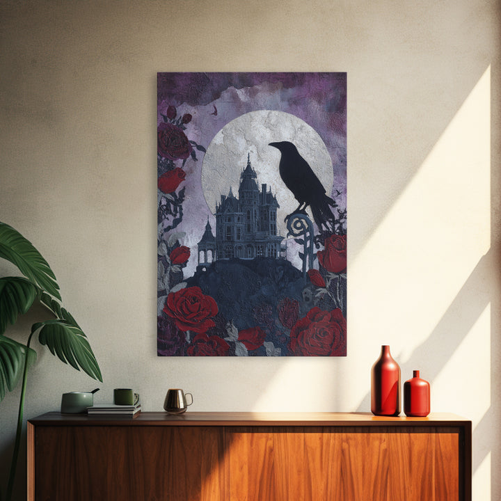 Haunted Mansion Silhouette on Distant Hill Canvas Print, Dark Art, Gothic Decor, Living Room Decor, Abstract Art, Nocturne, DAR-2x3-86