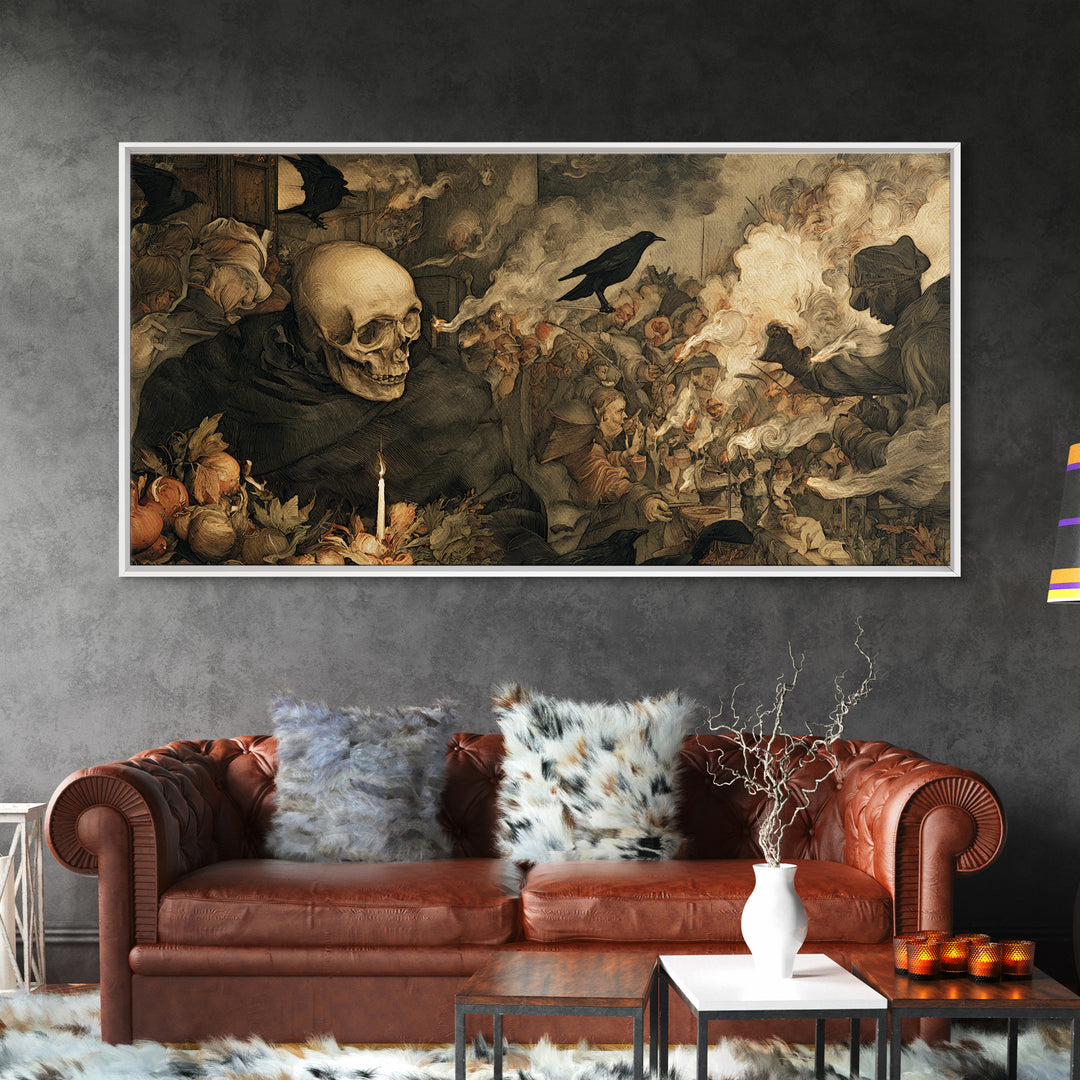 The Talking Skull, Northern Renaissance Horror, Wide Panoramic Art, Dark Halloween Decor, Framed Canvas Print, Halloween Wall Art