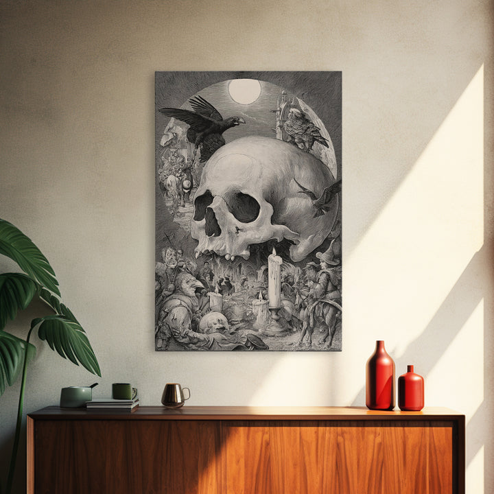 The Talking Skull, Renaissance Engraving Art, Vertical Wall Art, Dark Fantasy Wall Art, Canvas Print, Halloween Wall Art
