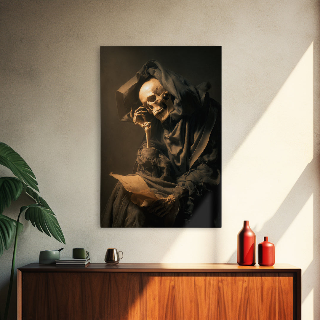 The Talking Skull, Gothic Nightmare Art, Vertical Wall Art, Dark Halloween Decor, Framed Canvas Print, Halloween Wall Art