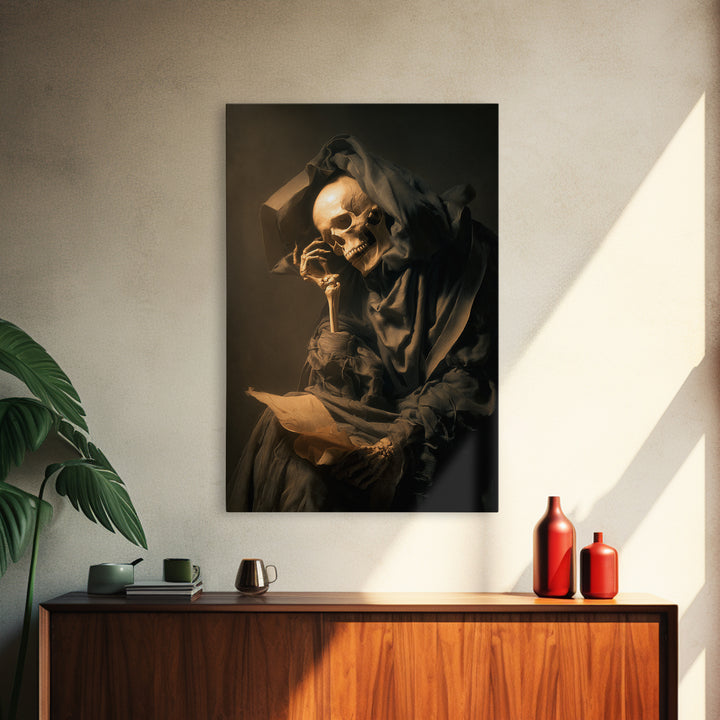 The Talking Skull, Gothic Nightmare Art, Vertical Wall Art, Dark Halloween Decor, Framed Canvas Print, Halloween Wall Art