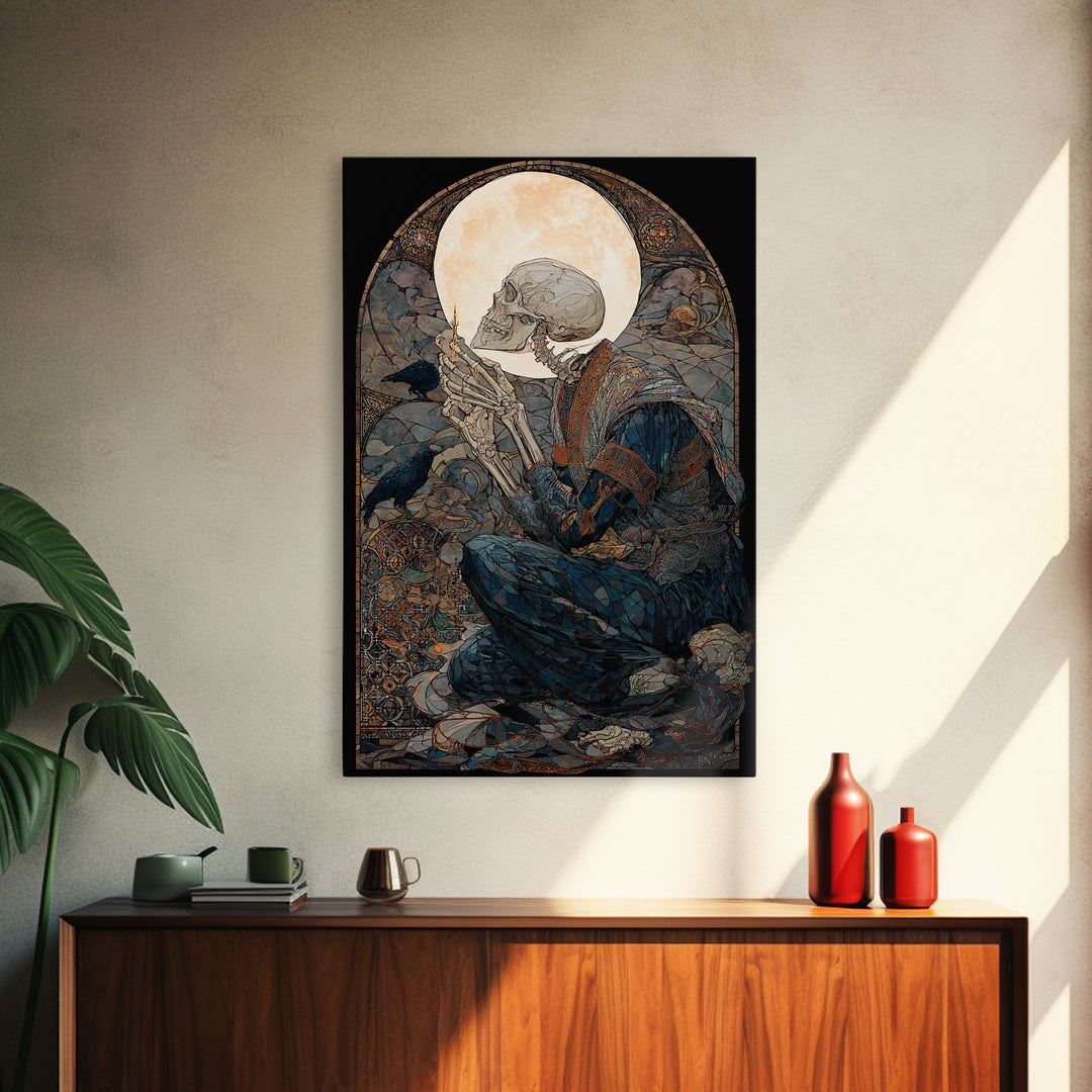 The Talking Skull, Stained Glass Gothic Art, Vertical Wall Art, Dark Halloween Decor, Canvas Print, Halloween Wall Art, Statement Wall Art