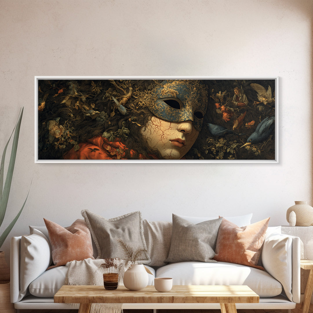 The Cracked Porcelain Mask, Medieval Grotesque Art, Extra Wide Wall Art, Dark Halloween Decor, Framed Canvas Print, Spooky Wall Decor