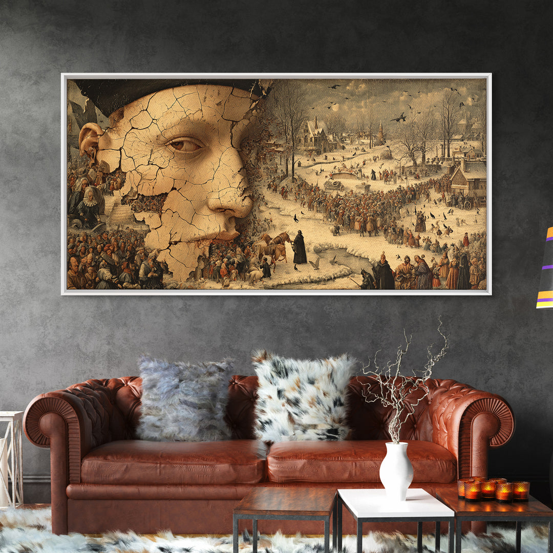 The Cracked Porcelain Mask, Northern Renaissance Horror, Wide Panoramic Art, Gothic Horror Wall Art, Canvas Print
