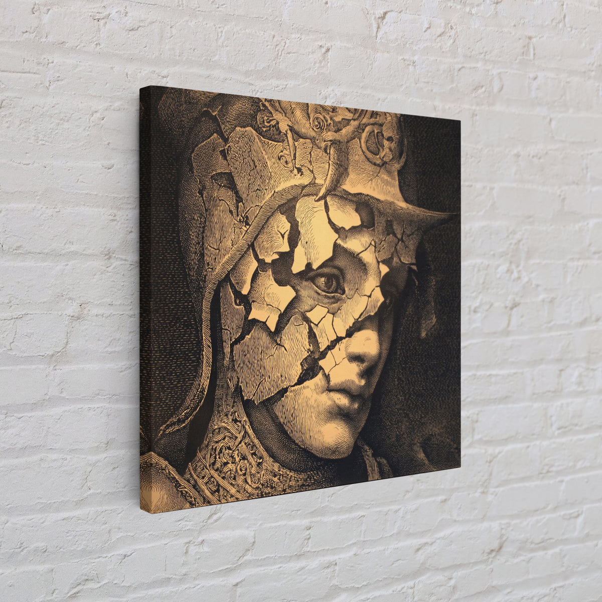The Cracked Porcelain Mask, Renaissance Engraving Art, Square Wall Art, Dark Halloween Decor, Canvas Print, Halloween Wall Art