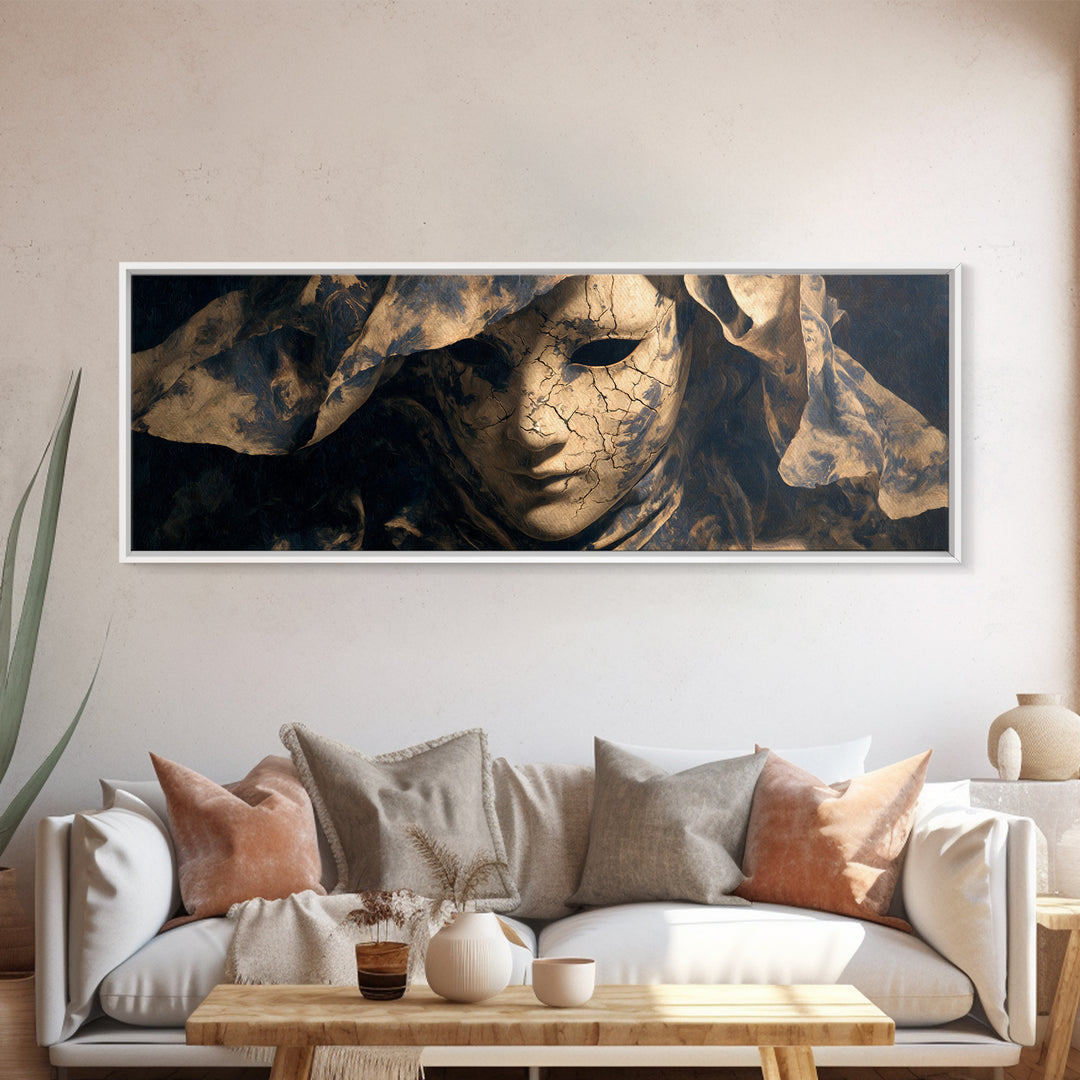 The Cracked Porcelain Mask, Dark Romantic Horror Art, Extra Wide Wall Art, Macabre Wall Art, Framed Canvas Print, Halloween Wall Art