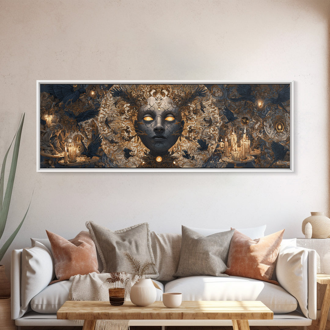 The Cracked Porcelain Mask, Visionary Gothic Art, Extra Wide Wall Art, Dark Halloween Decor, Framed Canvas Print, Halloween Wall Art