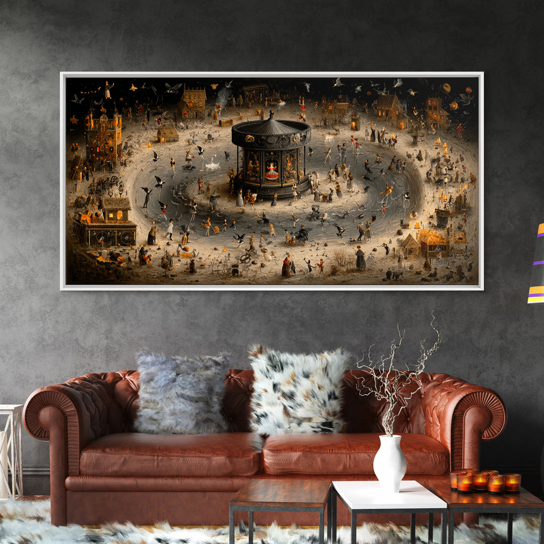 The Haunted Music Box, Northern Renaissance Horror, Wide Panoramic Art, Macabre Wall Art, Framed Canvas Print, Halloween Wall Art