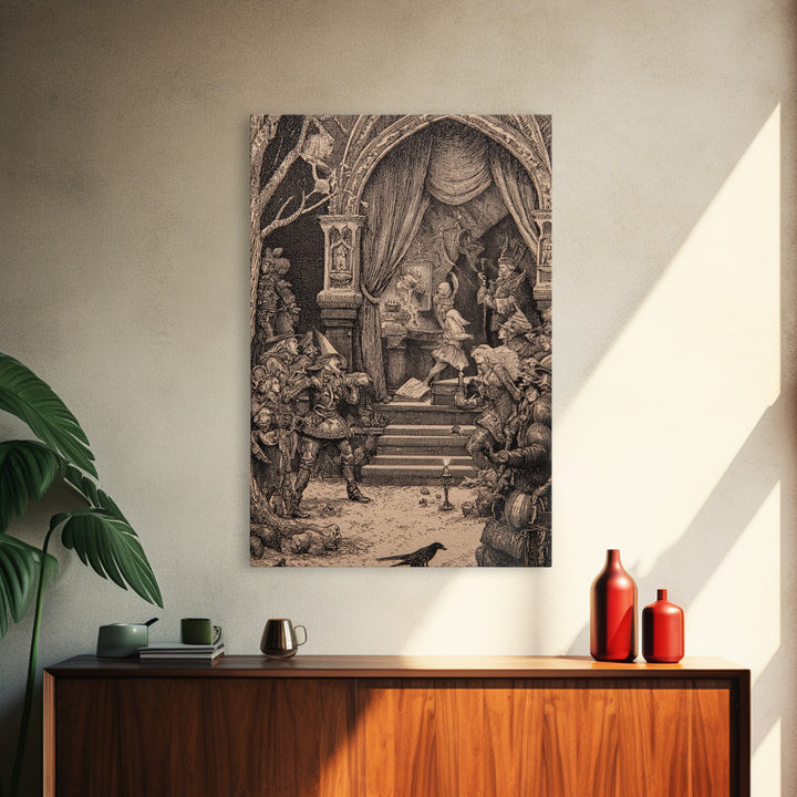 The Haunted Music Box, Renaissance Engraving Art, Vertical Wall Art, Macabre Wall Art, Framed Canvas Print, Halloween Wall Art